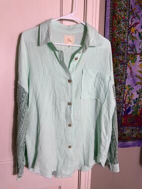 JK Mint Green Gauze Shirt M Crochet Sleeve Oversized Boho Button Down Top
